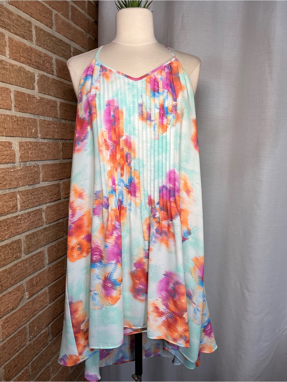 BuddyLove Watercolor Swing Dress L Mint Pink Orange Pleated Halter Sleeveless